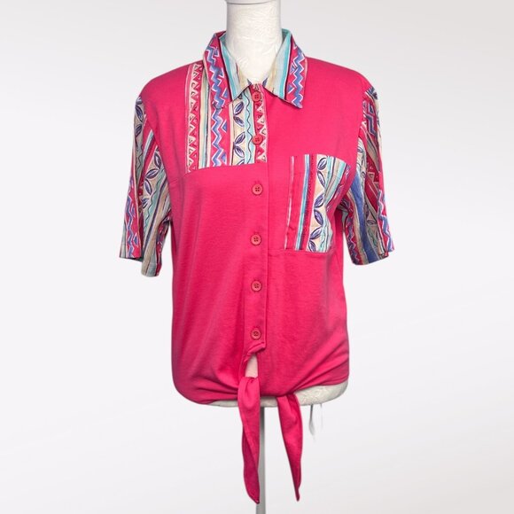 Vintage Koret Petite 90s Pink Tie Front Shirt Short Sleeve Small - Picture 1 of 8
